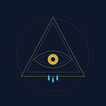 Geometric Eye of Providence symbol in gold triangle with blue teardrops on dark navy background