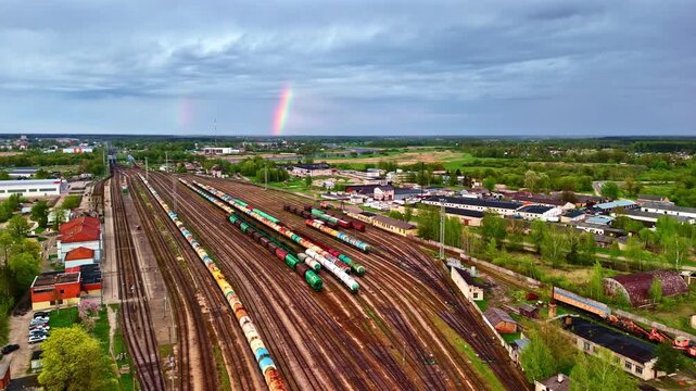Aerial view of a railway yard with multiple freight trains under a cloudy sky with a rainbow in the background in Riga, Latvia.
