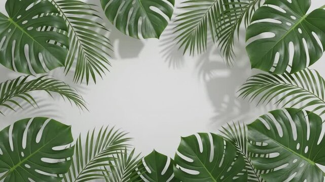 Lush tropical palm and monstera leaves swaying gently to create a natural greenery border on a clean white background