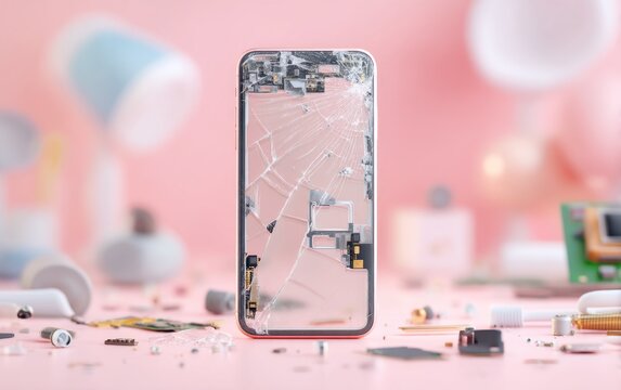 Damaged smartphone with shattered screen and exposed internal components on pink surface