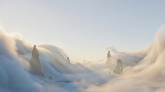 Abstract rendering of surreal mountain peaks emerging through soft dense morning fog with glowing light particles floating in atmosphere against pale blue clear sky.