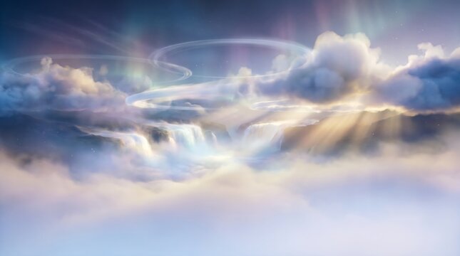 ethereal sky landscape with glowing aurora borealis, majestic waterfalls flowing through clouds, bright sunlight rays piercing through misty atmosphere, mystical dreamy scene.