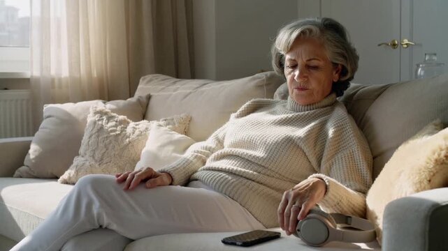 Noticing smartphone, senior woman in cream knit reaching for phone on sofa at home and headphones