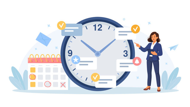 Businesswoman Organizing Tasks with Clock and Calendar for Time Management Scheduling Productivity and Deadlines Efficient Work Process Organization Flat Vector Illustration