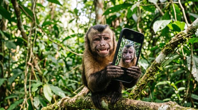 Monkey taking a selfie with a smartphone, funny animal behavior, realistic photography