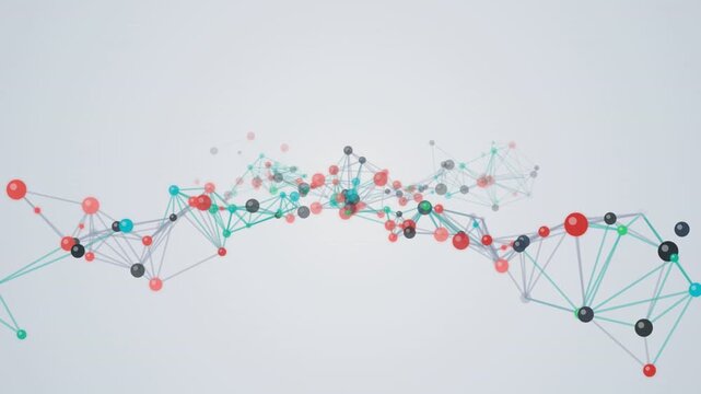 Abstract molecular structure moving on white background with red and green spheres.