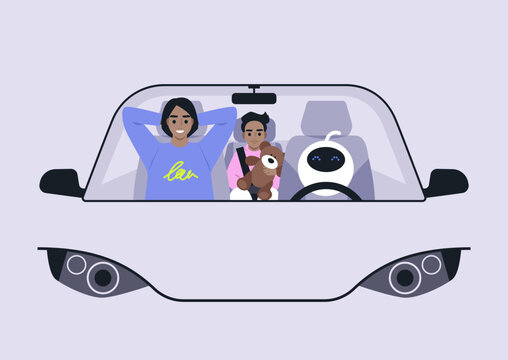Passengers relax in a driverless car, enjoying their journey, A parent and child share smiles while a friendly robot drives them through a vibrant city.