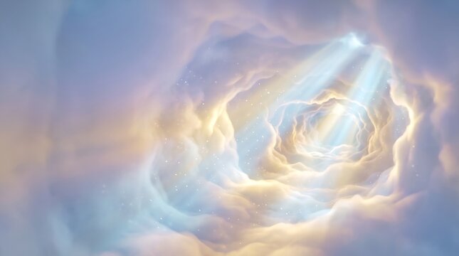A ethereal and glowing tunnel formed by soft, fluffy clouds with rays of bright light streaming through, creating a serene and heavenly atmosphere.