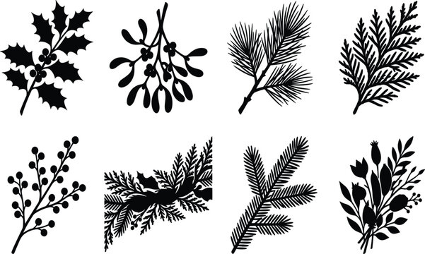 Christmas plant silhouettes set with holly, mistletoe, pine branches, and winter floral elements