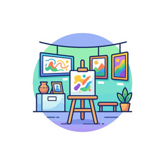 Naklejka premium Colorful art studio with paintings.