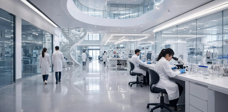 Scientists conducting experiments in a bright modern biotechnology laboratory facility with laboratory research scientist chemistry healthcare experiment technology professional