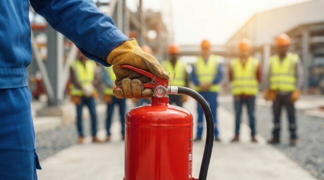 Fire safety preparedness for workplace training where a worker demonstrates fire extinguisher use to a team in safety vests and helmets.