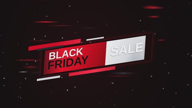 Black friday sale motion graphic with red and white text on black background with particles.