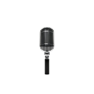 Vintage silver studio microphone recording broadcast metallic equipment communication performance professional instrument technology hardware as isolated object