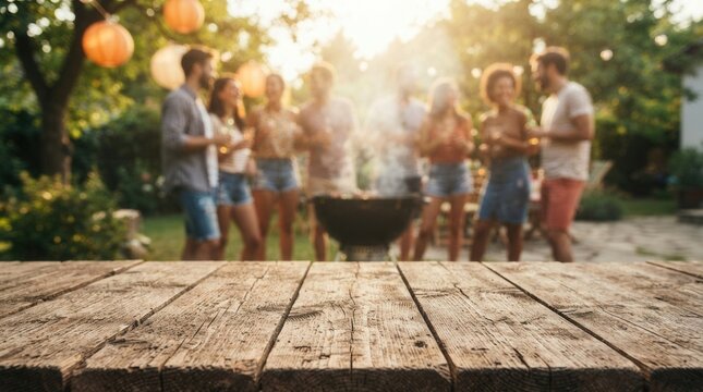 Wooden deck table with a natural green garden backdrop featuring a blurred BBQ concept and people socializing.