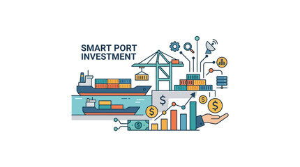 Naklejka premium Smart Port Investment: Container Ship, Crane, Graph, Money Icons, Technology