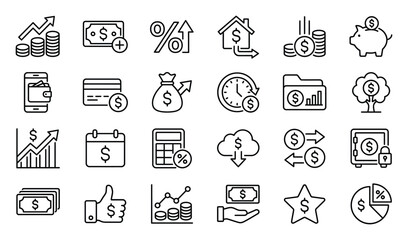 Fototapeta premium Set of financial business and banking vector outline icons with investment business currency accounting calculator analysis transaction interest management portfolio financial strategy