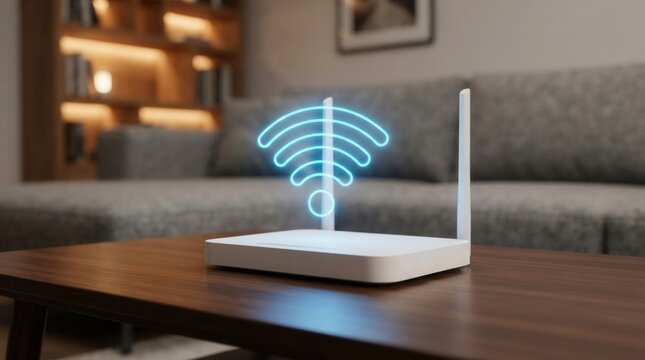 Glowing blue signal above a wireless wifi router for seamless network access in a living room.