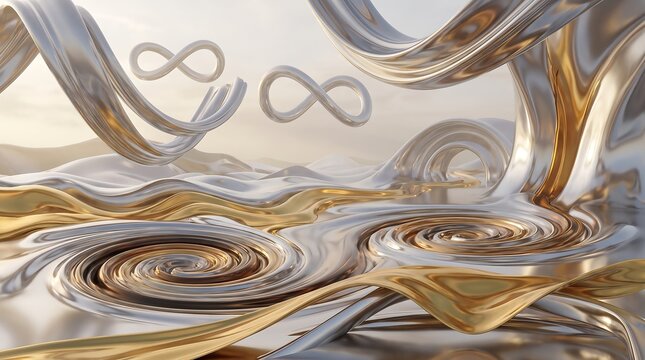A mesmerizing abstract landscape featuring flowing molten silver and gold textures, with multiple infinity symbols gracefully floating above the scene.
