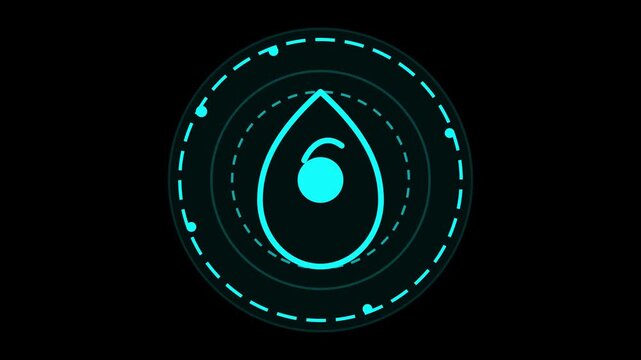 Futuristic cyan HUD water drop icon glowing inside circular interface frame on dark black background for sci-fi tech digital ui design