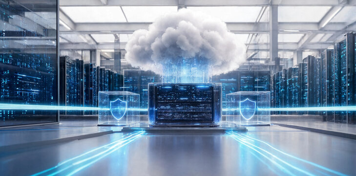 Modern server room with glowing cloud icon floating above network hardware cabinets and digital security shield markers representing secure cloud infrastructure management datacenter security