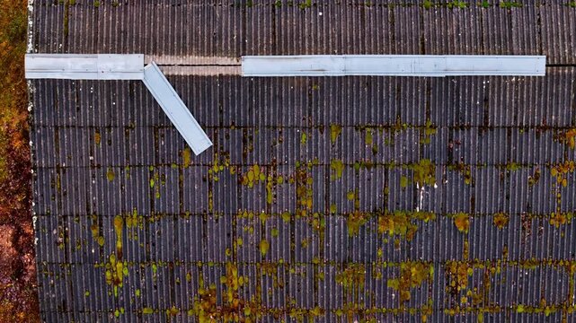 Aerial view of a weathered corrugated roof covered in patches of green moss with metal flashing details in Latvia.