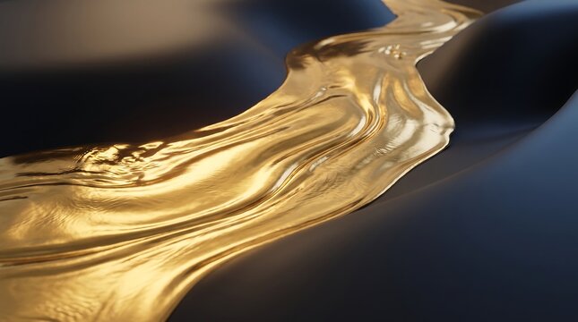 Molten liquid gold river flowing through matte black organic landscape with smooth curves and reflective metallic surface creates striking high contrast visual.