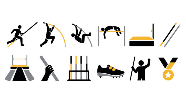 Collection of black and yellow sports icons and symbols.
