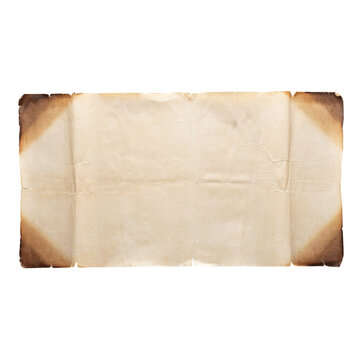 Rectangular old burnt paper scroll with parchment document manuscript papercraft background stationery histrionic textured distressed material rectilinear horizontal template as PNG asset