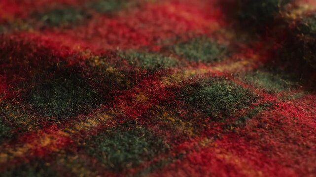 Macro close up of red and green tartan plaid woolen fabric with intricate crisscross woven lines moving slowly in a gentle ripple