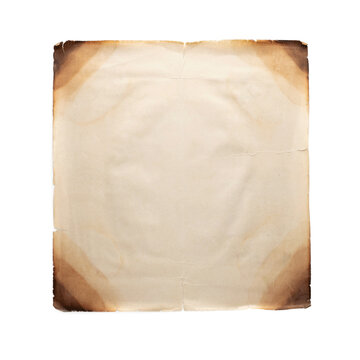 Square old burnt paper texture with parchment document manuscript papercraft background stationery histrionic textured distressed material centered template as transparent object