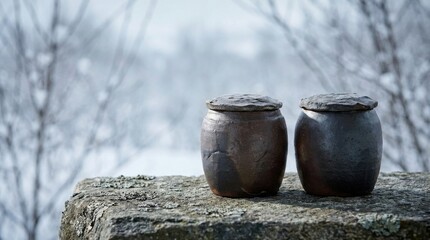 Obraz premium Two traditional clay jars with lids on a stone surface in winter