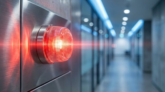 Emergency fire alarm strobe light flashing in a modern office corridor