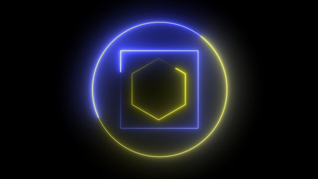 Geometric hexagon bands match bright yellow neon borders with blue square framing tracks cleanly. Industrial engineering telemetry dashboard layout modules utilize this geometric hexagon backdrop.