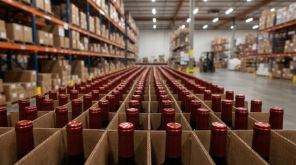 Obraz premium Cardboard boxes with rows of wine bottles stored in a large distribution center and warehouse.