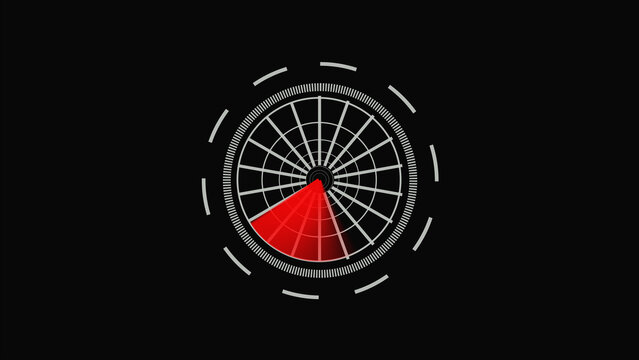 Radar screen indices rotate a bold red sweep sector across target monitoring grid nodes systematically. Military tactical defense training software overviews communicate scanning values via this radar