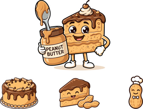 Peanut Butter Cake Vector Set Featuring Cute Cartoon Food Mascot Holding Jar Layered Cake Slice and Little Chef Peanut Character