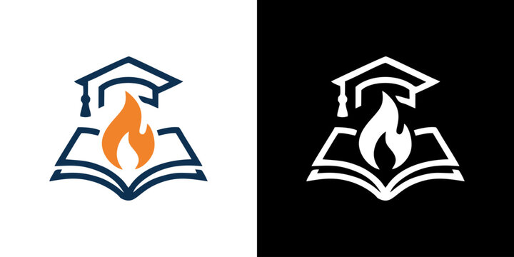 Education logo emblem with an open book graduation cap and fire flame symbolizing burning passion for academic excellence and lifelong learning