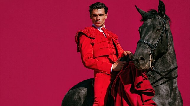 Man in red bullfighter costume on horse