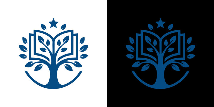 Blue tree book logo template with star and leaves for education, knowledge, learning, and school identity