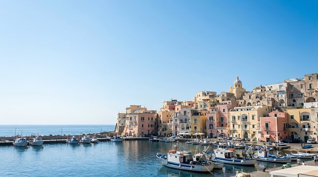 A view of the colorful and charming small island of Procida located in Campania Italy a picturesque and popular Italian holiday destination with beautiful seaside houses. colorful colorful vibrant