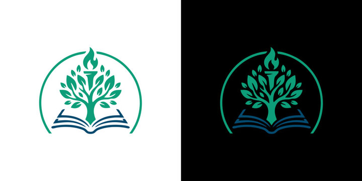 Tree of knowledge logo with open book and torch emblem design for education and learning institute