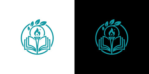 Fototapeta premium Educational logo emblem featuring an open book and flaming torch for wisdom and academic learning