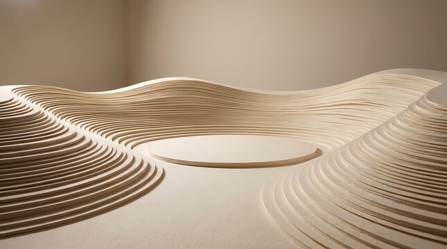 Minimalist beige paper landscape with layered topographic waves and central circular podium for product presentation in soft studio lighting creates elegant scene.