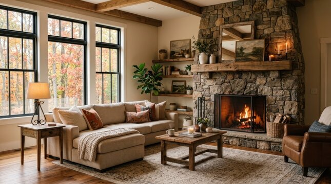 Cozy living room with stone fireplace and autumn foliage visible through windows