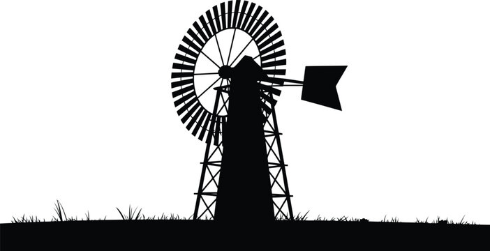 Traditional Farm Windmill Silhouette Vector Illustration, Rural Wind Pump Agriculture Countryside Renewable Energy Isolated Black Vintage Farm Design