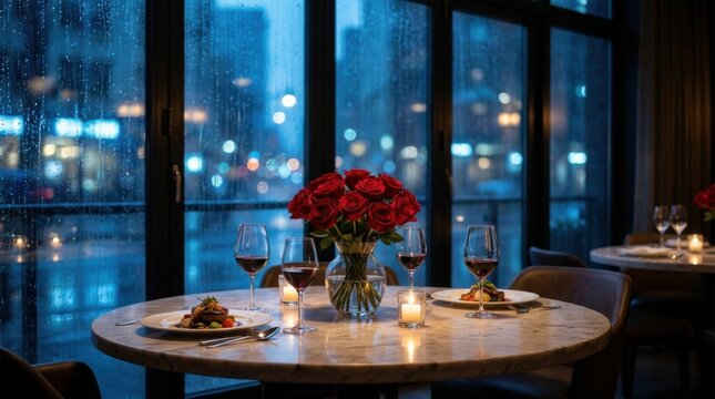 Romantic dinner table setting with wine and roses by rainy window