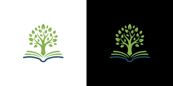 Minimalist tree and book logo icons symbolizing growth in education and nature knowledge on light and dark backgrounds
