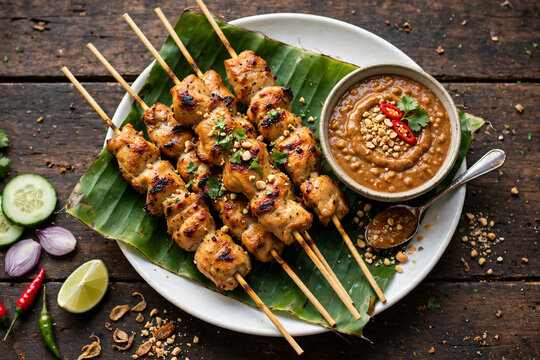 Indonesian chicken satay sate ayam with peanut sauce on wooden table top view