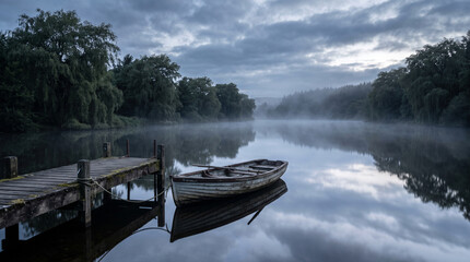 Obraz premium Old Wooden Boat Floating on Calm Misty Lake at Sunrise